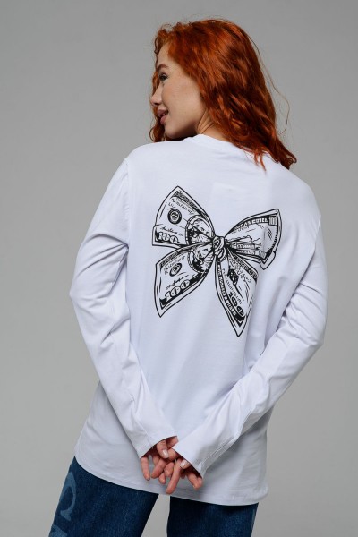 8513 Футболка с длинным рукавом женская - белый+Доллар (НТ)