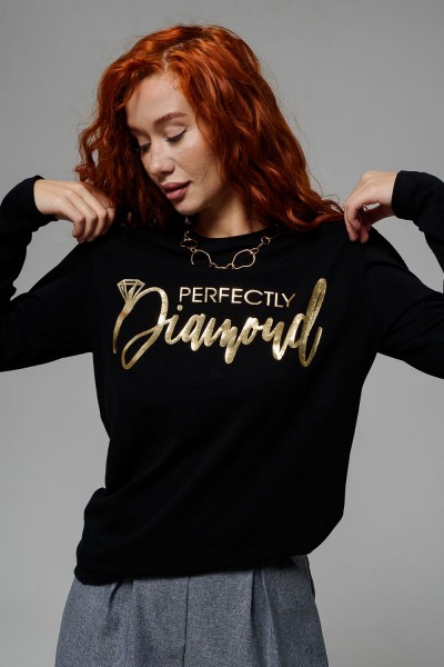 8513 Футболка с длинным рукавом женская - черный+Бриллиант (НТ)