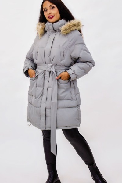Зимняя куртка на поясе с натуральным мехом арт. 23226 - бирюзовый (НТ)