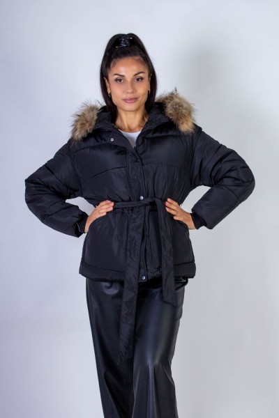 Куртка на поясе с капюшоном, евро-зима, демисезон арт.611 - черный (НТ)