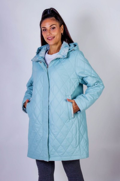Элегантная демисезонная куртка с капюшоном Клетка арт.339 - бирюзовый (НТ)