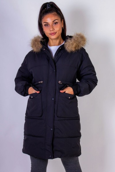 Зимняя удлиненная парка с капюшоном натуральный мех арт.617 - черный (НТ)
