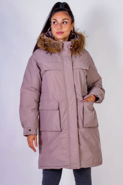 Зимняя парка удлиненная, с капюшоном натуральный мех арт. 619 - коричневый (НТ)