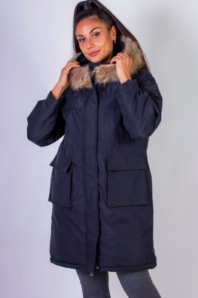 Зимняя парка удлиненная, с капюшоном натуральный мех арт. 619 - черный (НТ)