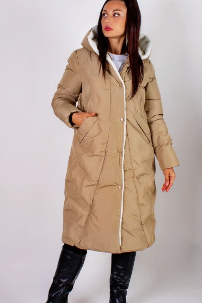 Удлиненная куртка с капюшоном с отделкой на меху Евро-зима, демисезон. арт.909 - бежевый (НТ)