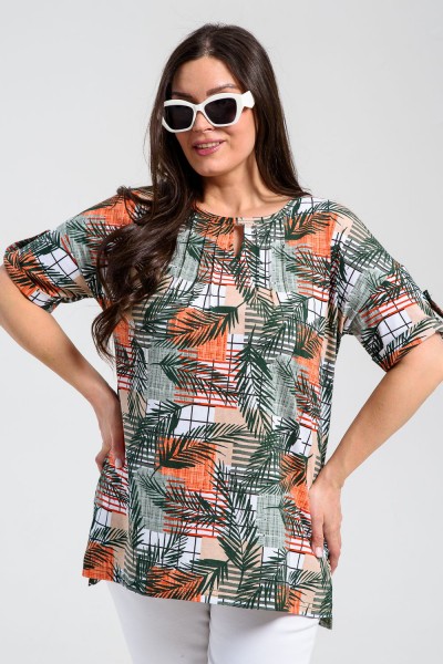 Туника 8243 - тропические листья с оранжевым (НТ)