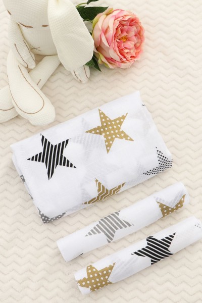 Комплект из муслина пеленка 110х110 и 2 салфетки 23х23 арт. КТ-М-пэчворг - белый (НТ)