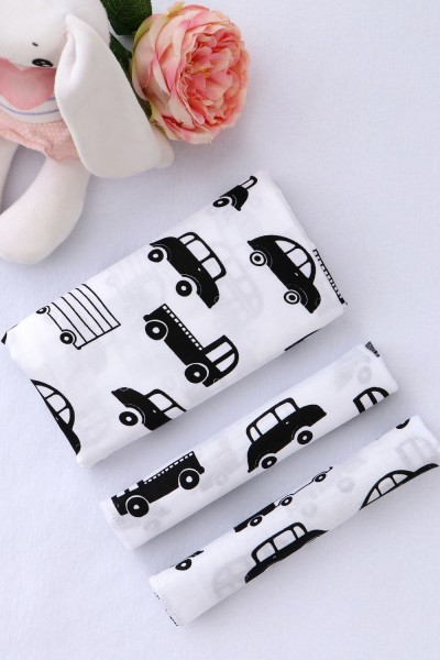 Комплект из муслина пеленка 110х110 и 2 салфетки 23х23 арт. КТ-М-машинки (НТ)