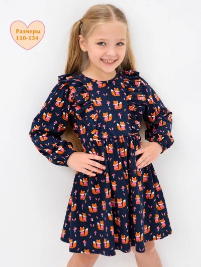 Платье Крылья длинный рукав детское - ЛИСИЧКИ на Темно-Синем (НТ)