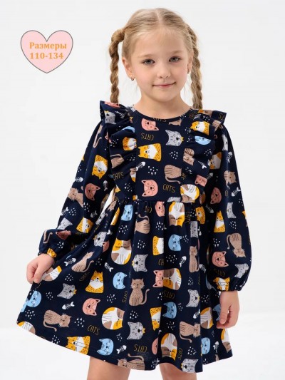 Платье Крылья длинный рукав детское - КОТЫ на Темно-Синем (НТ)