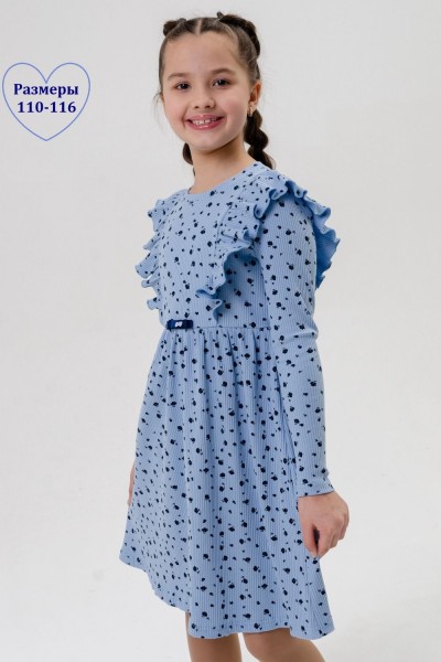Платье Бетти длинный рукав детское - голубой цветочки (НТ)