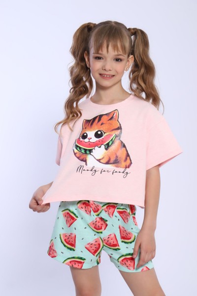 Пижама для девочки Кот-арбуз арт ПД-019-067 - светло-розовый (НТ)