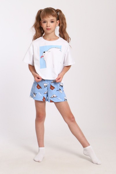 Пижама для девочки Хулиган арт. ПД-019-069 - белый-голубой (НТ)