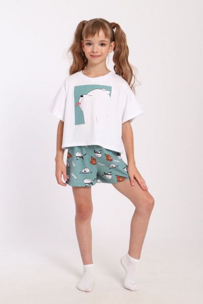 Пижама для девочки Хулиган арт. ПД-019-069 - белый-бирюза (НТ)