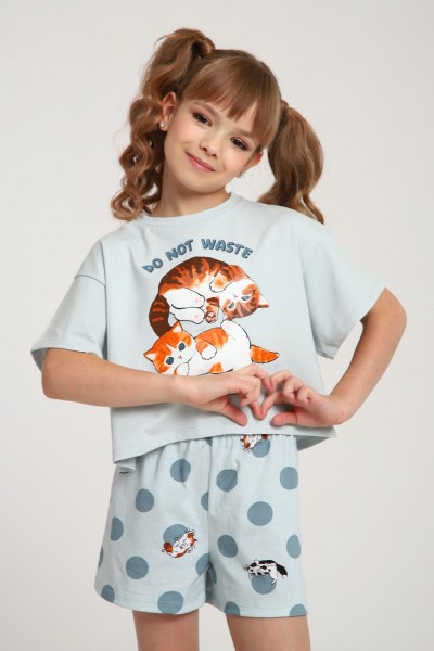 Пижама для девочки Котята ПД-019-077 - серо-зеленый-бирюза (НТ)