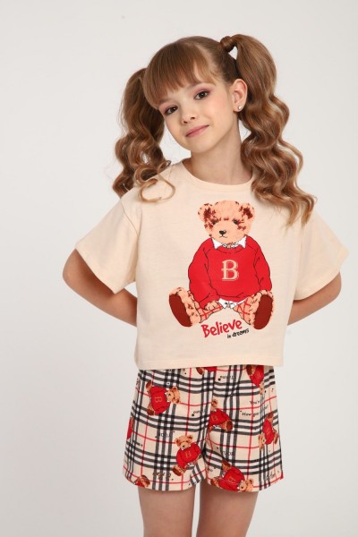 Пижама для девочки Медведь-клетка ПД-019-075 - крем-красный (НТ)