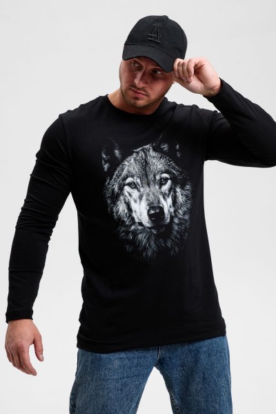 8514-1 Футболка с длинным рукавом мужская - черный+волк (НТ)