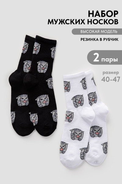 Носки мужские Драматик кот (набор 2 пары) - белый, черный (НТ)