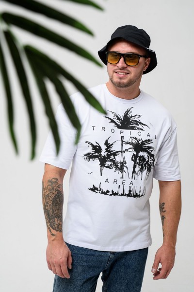 Футболка мужская 8507-1 оверсайз - белый+тропики (НТ)
