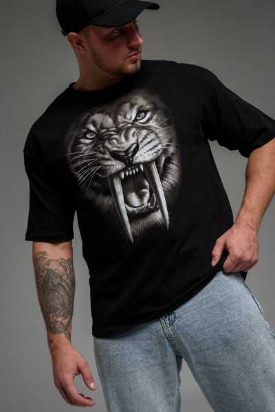 Футболка мужская 8507-1 оверсайз - черный+тигр (НТ)