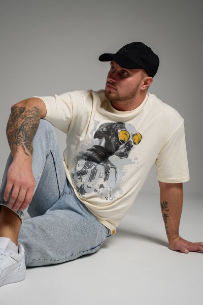 Футболка мужская 8507-1 оверсайз - молочный+run (НТ)