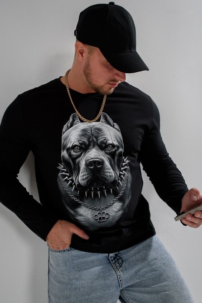 8514-1 Футболка с длинным рукавом мужская - черный+питбуль (НТ)