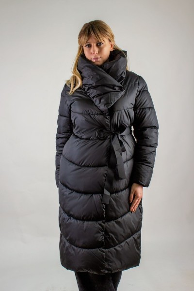 Стеганое пальто с бантом арт.817 - черный (НТ)