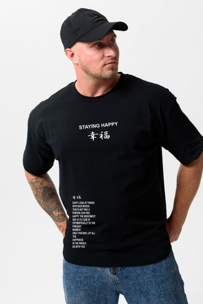 8570 футболка оверсайз мужская - черный +счастливый (НТ)