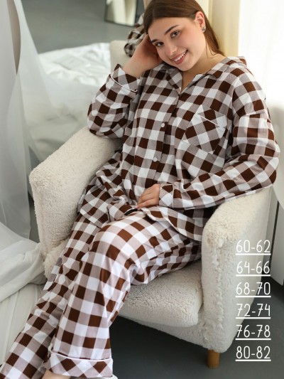 Теплая пижама больших размеров с рубашкой и штанами - коричневый (НТ)