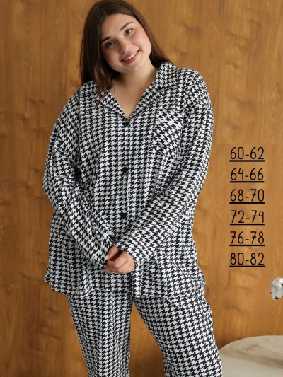 Теплая пижама больших размеров с рубашкой и штанами - черно-белый (НТ)