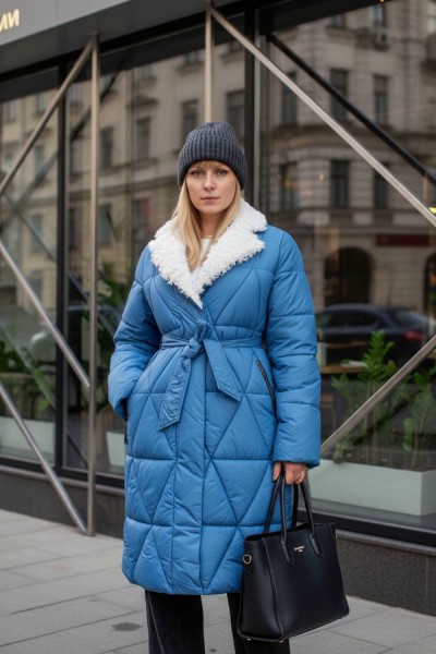 Стеганое пальто с меховой отделкой арт. 2818 - голубой (НТ)