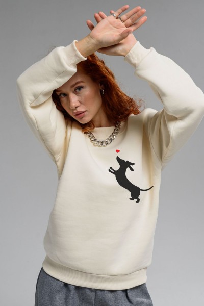 8576 женский свитшот оверсайз - молочный+собачка с сердцем (НТ)