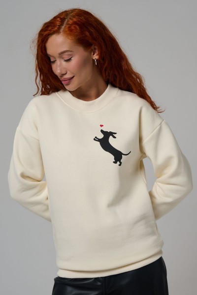 8576 женский свитшот оверсайз - молочный+собачка с сердцем (НТ)
