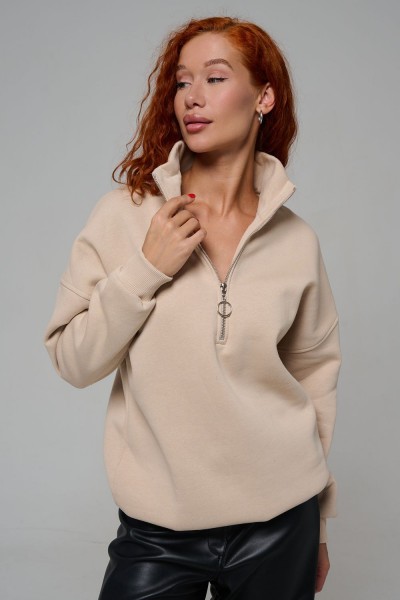 Женский свитшот на молнии оверсайз начес 14427 - бежевый (НТ)