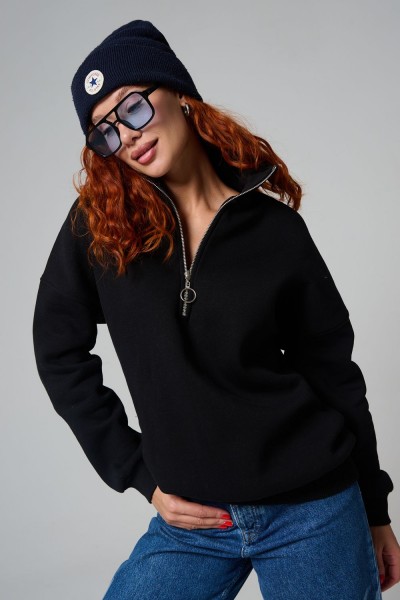 Женский свитшот на молнии оверсайз начес 14427 - черный (НТ)