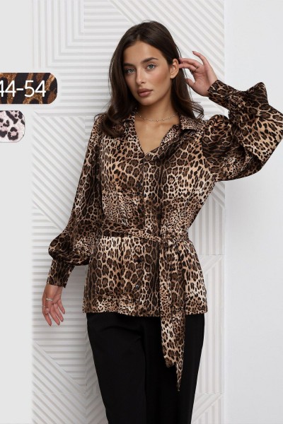 Блузка атласная нарядная с поясом 51060 - коричневый (НТ)
