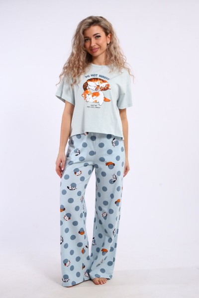 Костюм домашний арт. КД-00-007 - бирюза-котята-горошки (НТ)