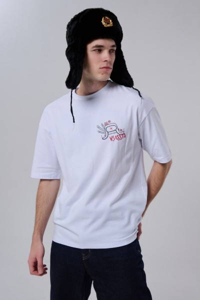 8579 футболка оверсайз мужская - белый+ушанка (НТ)