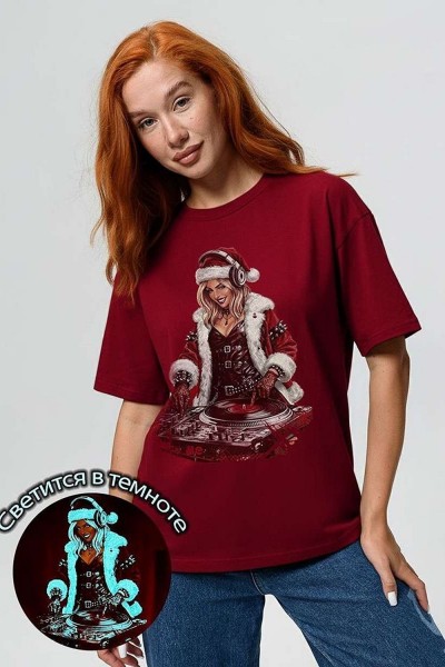 8585 футболка унисекс - бордовый+диско снегурочка (НТ)