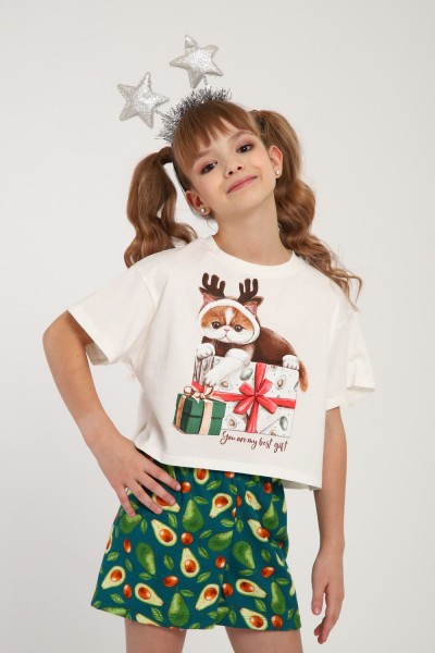 Пижама для девочки ПД-019-073 Кот Новый год - крем-авокадо (НТ)