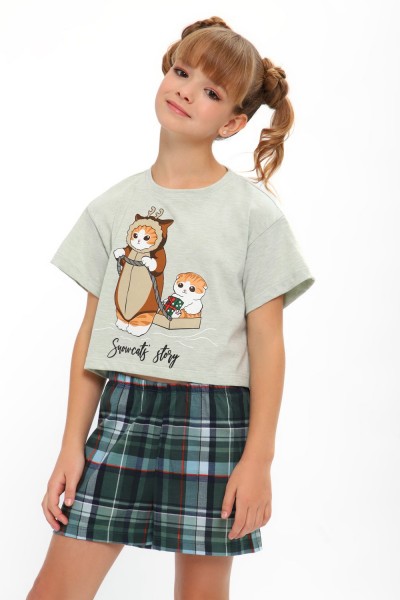 Пижама для девочки ПД-019-073 Кот Новый год - св-зеленый-клетка зеленая (НТ)