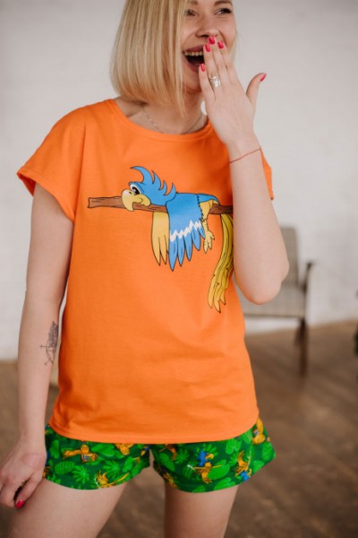 Женская пижама ЖП 022 оранжевый+принт попугаи (НЖ)