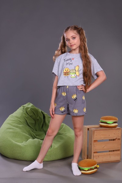 Пижама для девочки Картошка фри арт. ПД-019-046 - серый меланж (НТ)