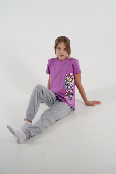 Пижама для девочки 91196 - лиловый-серый меланж (НТ)