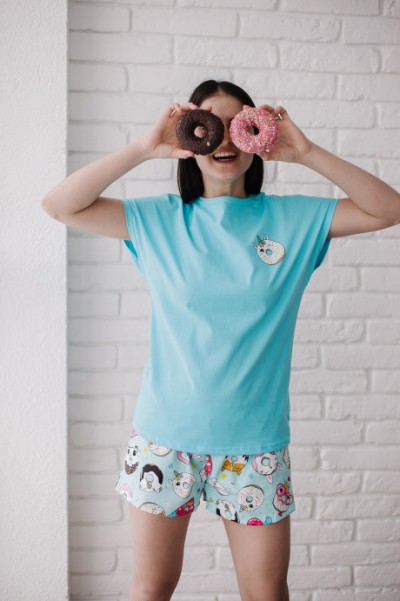 Женская пижама ЖП 022 (голубой+пончики) (НЖ)