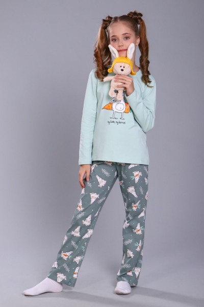 Пижама для девочки Зайцы-морковки арт. ПД-15-048 - ментол-зеленый (НТ)