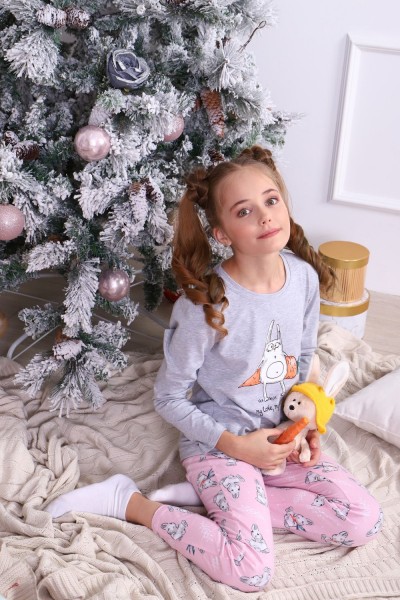 Пижама для девочки Зайцы-морковки арт. ПД-15-048 - серый меланж-розовый (НТ)