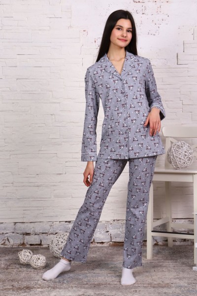 Пижама-костюм для девочки арт. ПД-006 - зайцы на самокатах серые (НТ)