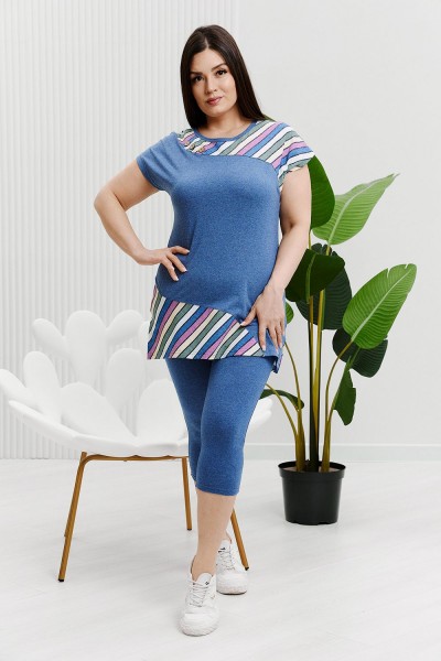 Туника 7378 - индиго+цветная полоса (НТ)