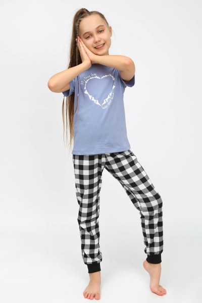 91241 Пижама для девочки (футболка, брюки) - голубой-черная клетка (НТ)